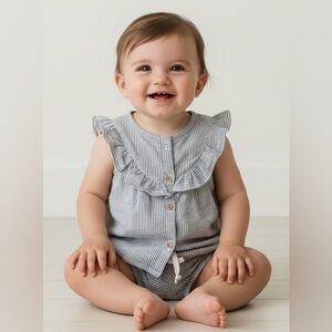 H&M dark blue/white striped cotton 2-pc set, ruched top/elastic bottom, 12 mon